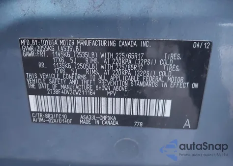 2012 Toyota Rav4 z USA, uszkodzony, nr VIN 2T3BF4DV3CW211164